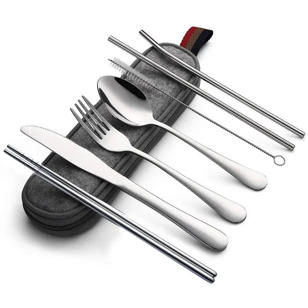 Set of stainless-steel camping cutlery including knife, fork, spoon, and straws in a carrying case on a white background - offered by the best camping and hiking gear store in the United States, The Adirondack Tool Co.