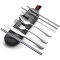 Set of stainless-steel camping cutlery including knife, fork, spoon, and straws in a carrying case on a white background - offered by the best camping and hiking gear store in the United States, The Adirondack Tool Co.