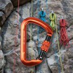 Orange carabiner with black locking mechanism
