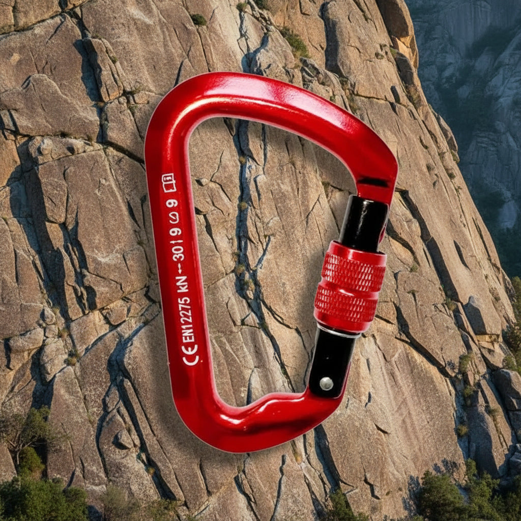 Red carabiner with a black clip