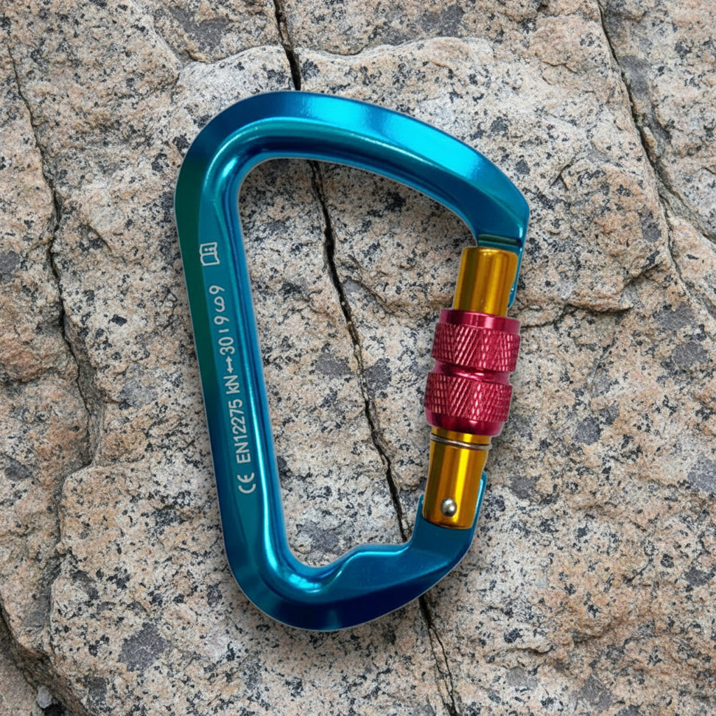 Blue carabiner with a red and gold lock mechanism
