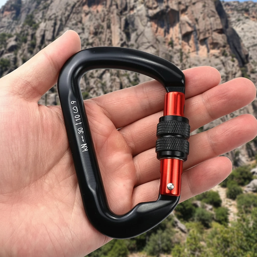 Black and red carabiner held in a hand