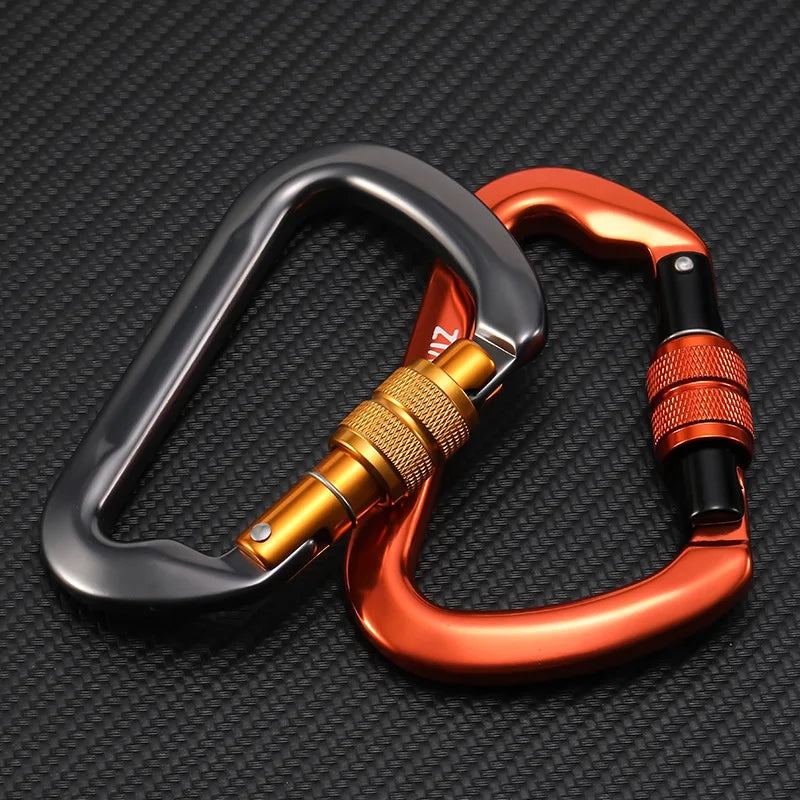 Two carabiners, one orange and one silver