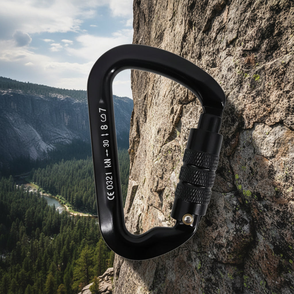 Black carabiner with visible branding