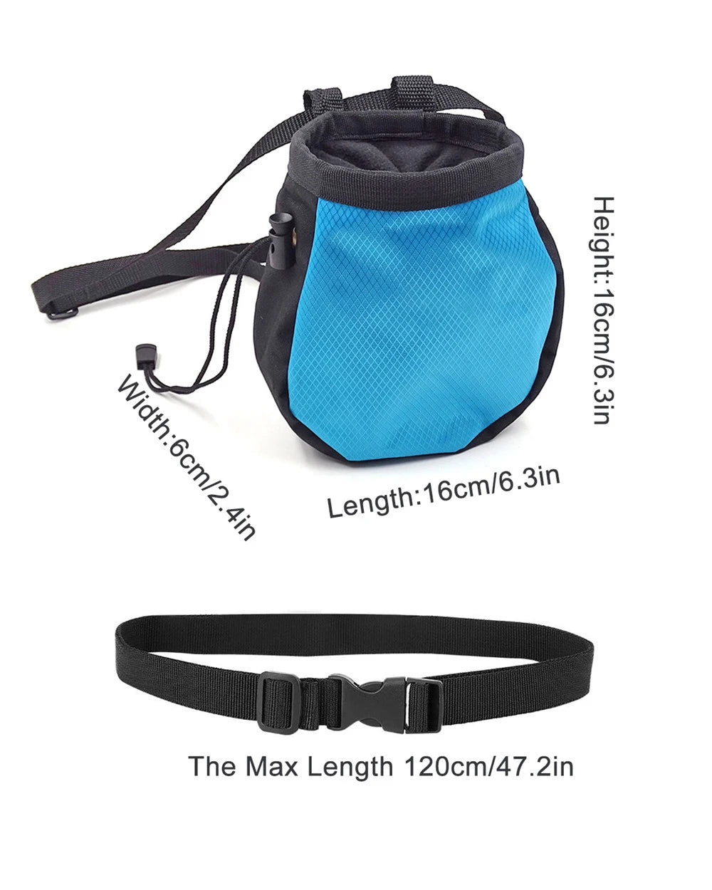 Blue and black chalk bag with black strap and measurements on a white background - offered by the best hiking and climbing gear store in New Hampshire, The Adirondack Tool Co.