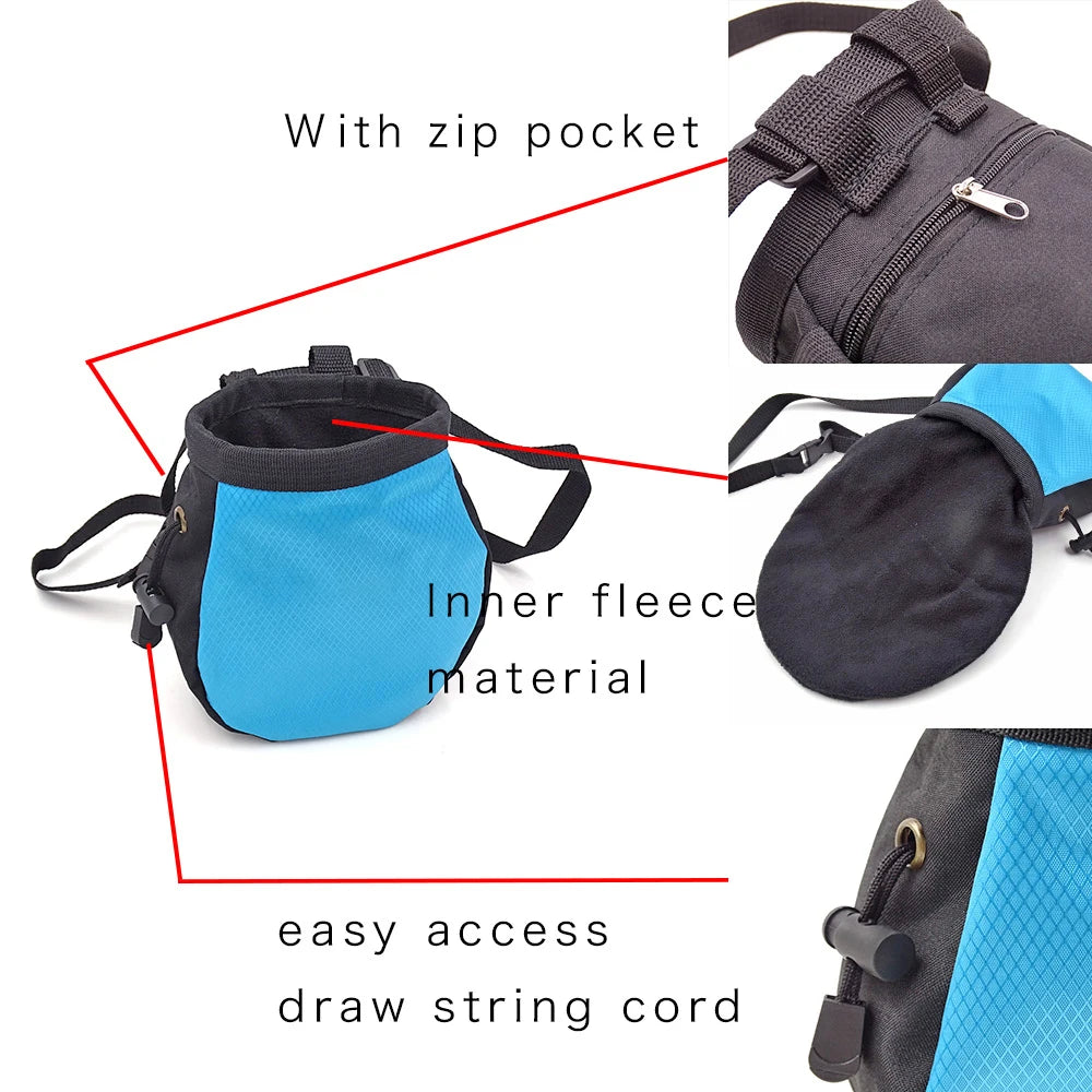 Blue and black chalk bag with features highlighted on a white background - offered by the best hiking and climbing gear store in New Hampshire, The Adirondack Tool Co.