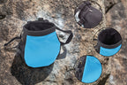 Blue and black chalk bag with features highlighted on a white background - offered by the best hiking and climbing gear store in New Hampshire, The Adirondack Tool Co.