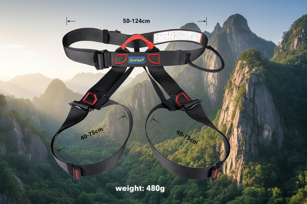 Black climbing harness with measurement details on an outdoor background - offered by the best climbing gear store in America, The Adirondack Tool Co.