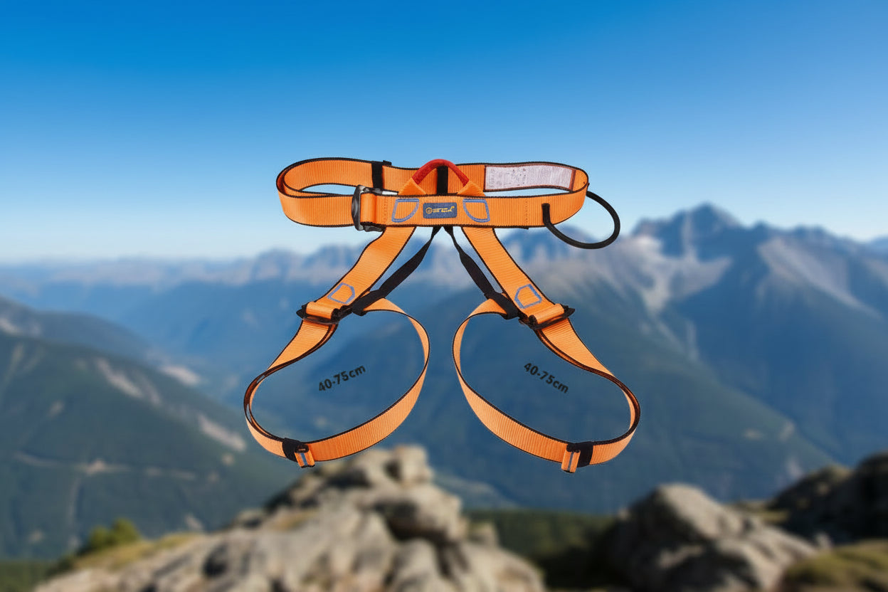 Orange climbing harness with measurement details on an outdoor background - offered by the best climbing gear store in America, The Adirondack Tool Co.