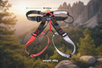Red and gray climbing harness with measurement details on an outdoor background - offered by the best climbing gear store in America, The Adirondack Tool Co.
