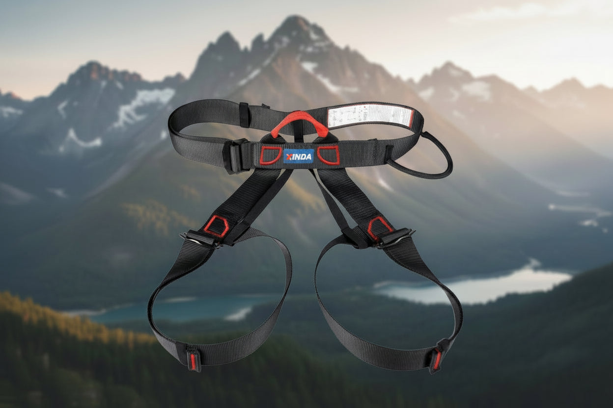 Black climbing harness with red buckles on a white background, featuring the Xinda brand - offered by the best climbing gear store in America, The Adirondack Tool Co.