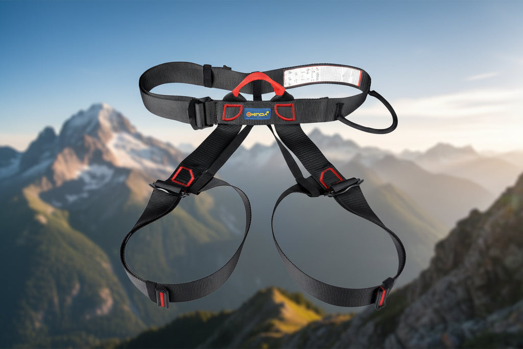 Black climbing harness with red buckles on an outdoor background - offered by the best climbing gear store in America, The Adirondack Tool Co.