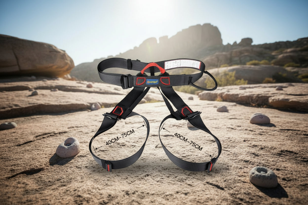 Black climbing harness with measurement details and color options on an outdoor background - offered by the best climbing gear store in America, The Adirondack Tool Co.
