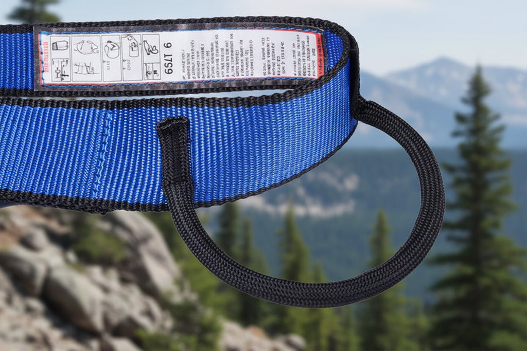 Close-up of a blue webbing strap with a black buckle on an outdoor background. Part of the mountain climbing harness offered by the best climbing gear store in America, The Adirondack Tool Co.