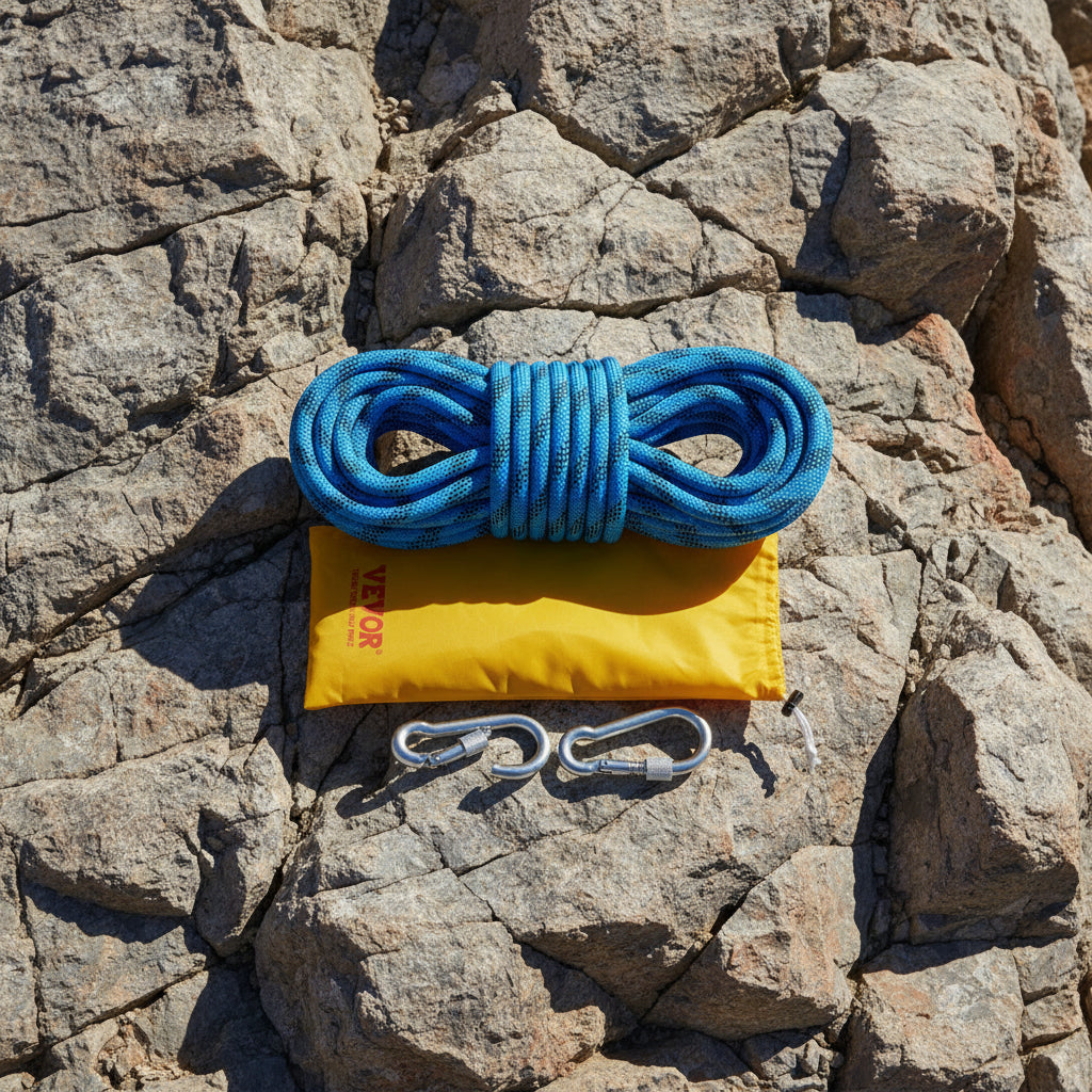 Blue rope with carabiners and a yellow Vevor pouch
