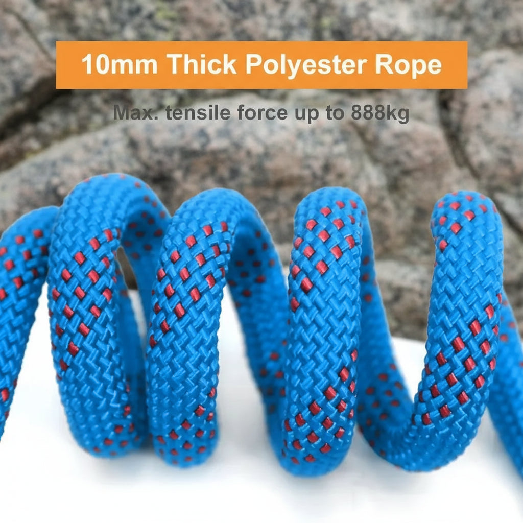 Blue polyester rope with red accents and text indicating thickness and tensile force on a white background - offered by the best hiking store in New York, The Adirondack Tool Co.