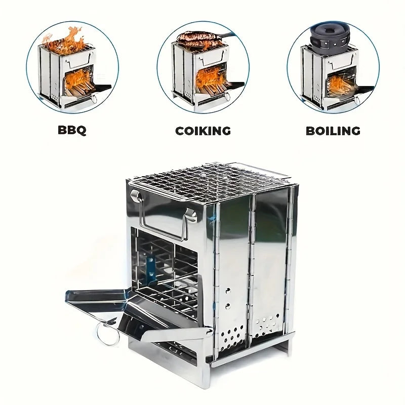 Portable stove with grill top and three inset images showing use for BBQ, cooking, and boiling.
