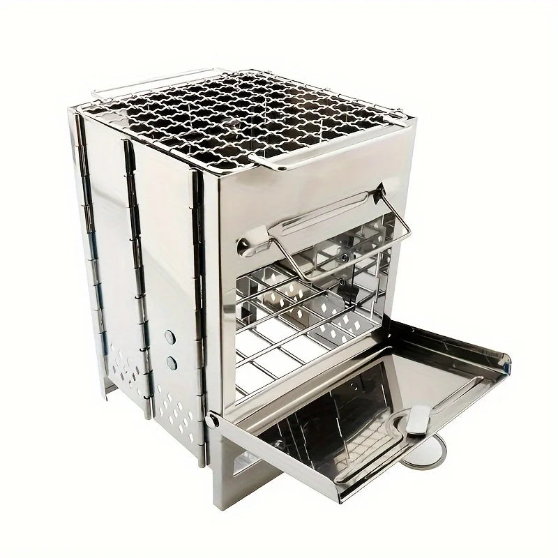Stainless steel wood stove and portable grill on a white background - from The Adirondack Tool Co.