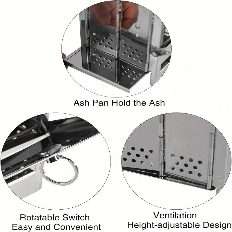 Close-up of a metal ash pan with rotatable switch and ventilation design, labeled on a white background - all features of the portable stainless steel wood stove from The Adirondack Tool Co.