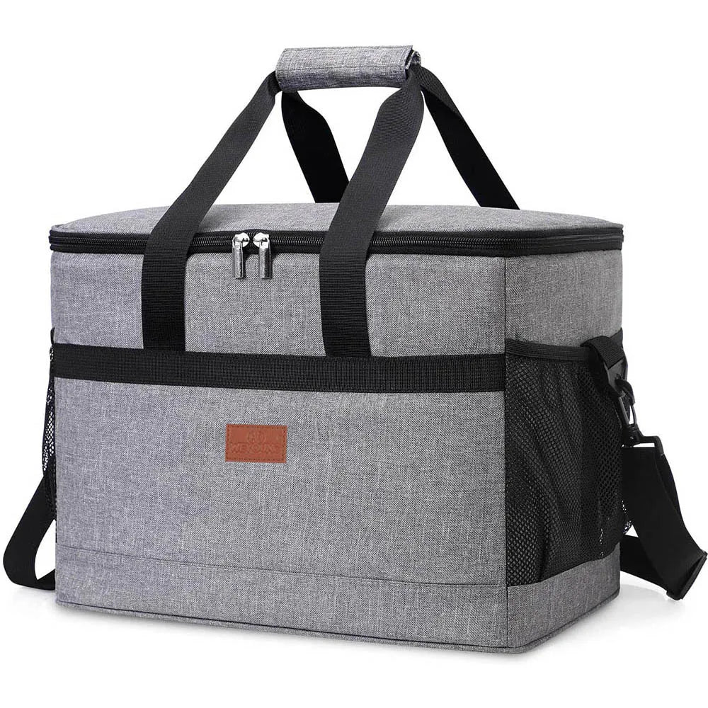 Gray collapsable cooler bag with black mesh and straps on a white background - offered by the best camping, hiking, and climbing gear store in the New England region, The Adirondack Tool Co.