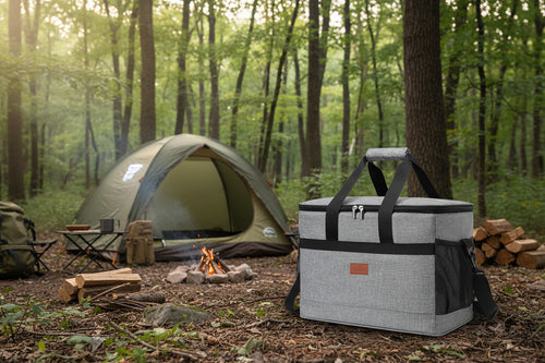 Gray collapsable cooler bag with black mesh and straps on a white background - offered by the best camping, hiking, and climbing gear store in the New England region, The Adirondack Tool Co.