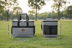 Gray cooler bag with dimensions and maximum capacity text on a white background - offered by the best camping, hiking, and climbing gear store in the New England region, The Adirondack Tool Co.