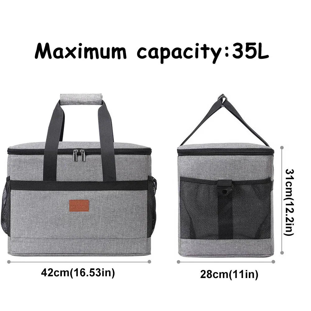 Gray cooler bag with dimensions and maximum capacity text on a white background - offered by the best camping, hiking, and climbing gear store in the New England region, The Adirondack Tool Co.