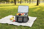 Open gray cooler bag with fruits, vegetables, and drinks on a carpeted floor - offered by the best camping, hiking, and climbing gear store in the New England region, The Adirondack Tool Co.