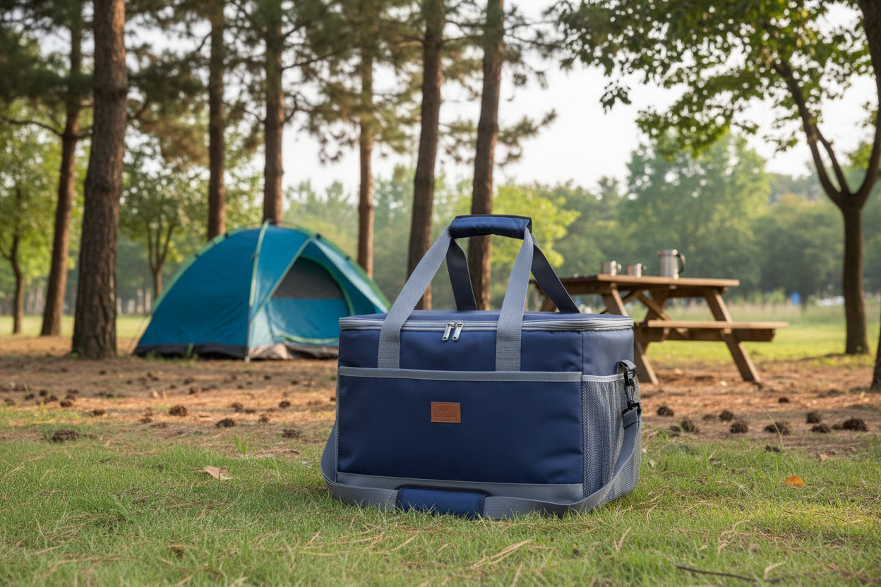 Blue collapsible cooler bag with black mesh and straps on an outdoor background - offered by the best camping, hiking, and climbing gear store in the New England region, The Adirondack Tool Co.