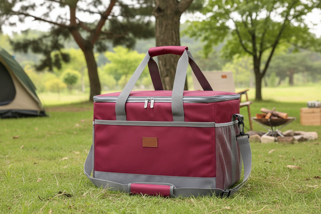 Red collapsible cooler bag with black mesh and straps on an outdoor background - offered by the best camping, hiking, and climbing gear store in the New England region, The Adirondack Tool Co.