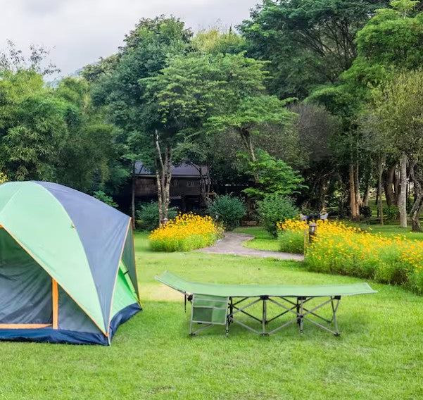 Camping scene with a tent and camping cot in a forested area - offered by the best hiking and camping gear company in New York City, New York.