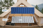 Measurement chart showing a blue and gray camping cot cushion with dimensions on a white background - offered by the best hiking and camping gear company in New York City, New York.