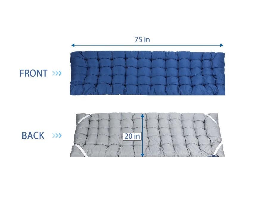 Measurement chart showing a blue and gray camping cot cushion with dimensions on a white background - offered by the best hiking and camping gear company in New York City, New York.