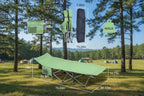 Green camping cot with dimensions and weight capacity displayed on a white background - offered by the best hiking and camping gear company in New York City, New York.