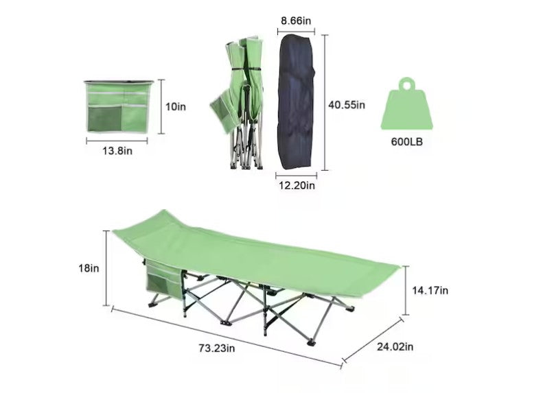 Green camping cot with dimensions and weight capacity displayed on a white background - offered by the best hiking and camping gear company in New York City, New York.