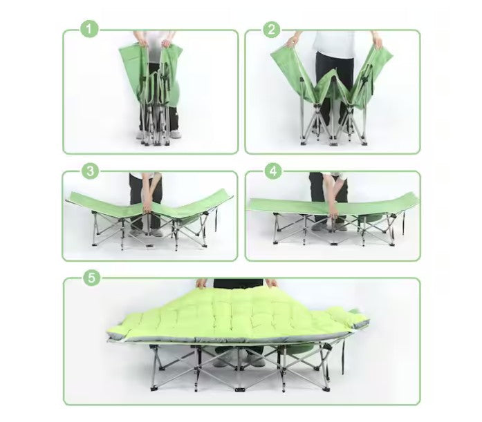 Step-by-step assembly of a green camping cot on a white background - offered by the best hiking and camping gear company in New York City, New York.