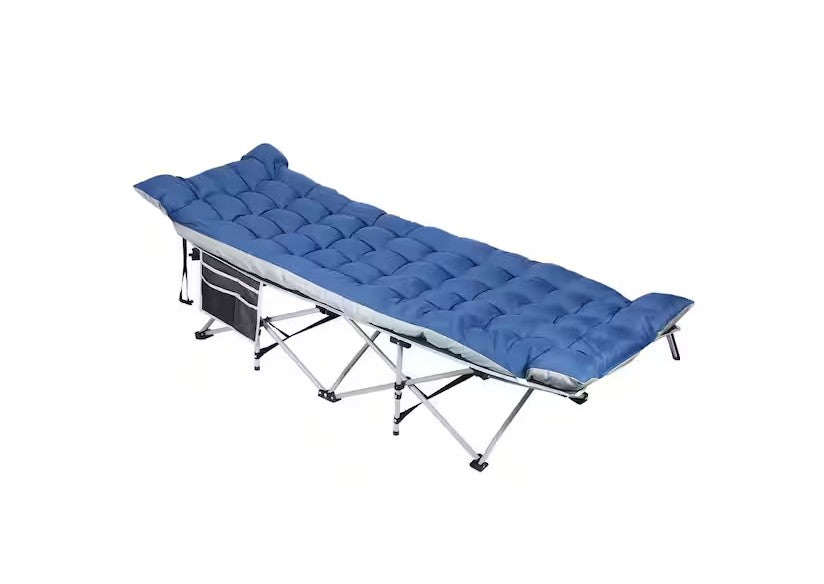Blue camping cot on a white background - offered by the best hiking and camping gear company in New York City, New York.