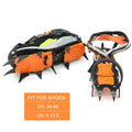 Orange and black crampons on a white background with size information - offered by the best hiking and camping gear store in Massachusetts, The Adirondack Tool Co.