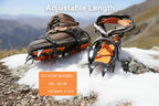 Orange and black crampons on a mountainous background with size information - offered by the best hiking and camping gear store in Massachusetts, The Adirondack Tool Co.