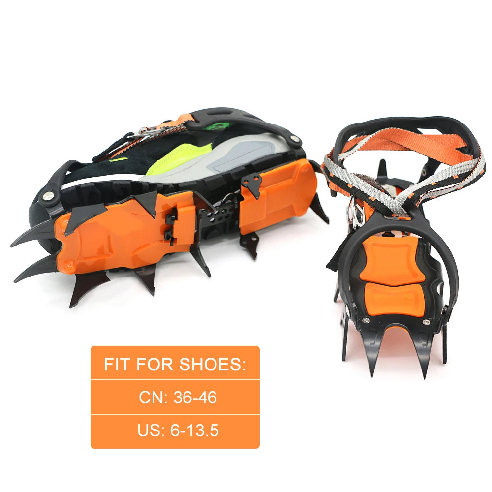 Orange and black crampons on a white background with size information - offered by the best hiking and camping gear store in Massachusetts, The Adirondack Tool Co.