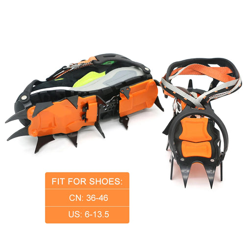 Orange and black crampons on a white background with size information - offered by the best hiking and camping gear store in Massachusetts, The Adirondack Tool Co.