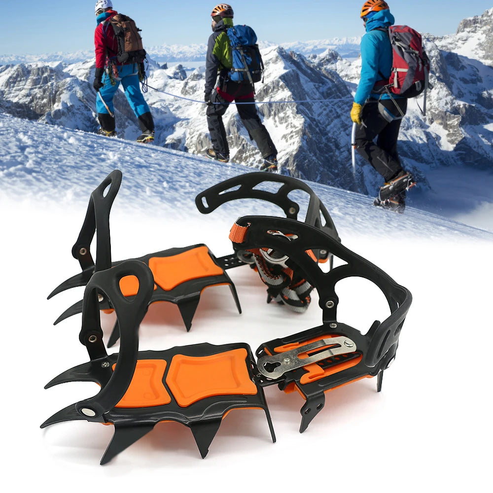 Mountaineering crampons with hikers in the background - offered by the best hiking and camping gear store in Massachusetts, The Adirondack Tool Co.