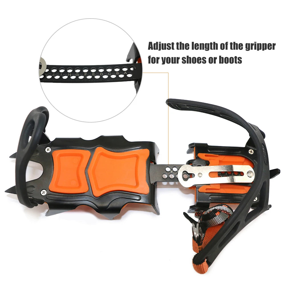 Crampon with orange and black design on a white background with deals about the adjustable feature - offered by the best hiking and camping gear store in Massachusetts, The Adirondack Tool Co.