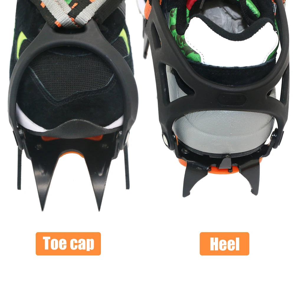 Close-up of Mountaineering Crampons with labeled toe cap and heel on a white background - offered by the best hiking and camping gear store in Massachusetts, The Adirondack Tool Co.