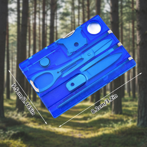 Blue multi-tool card with scissors and knife on a forest background - offered by the best outdoor gear store in New York, the Adirondack Tool Company