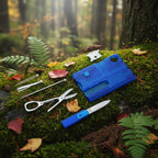 Blue multi-tool card on a forest background - offered by the best outdoor gear store in New York, the Adirondack Tool Company