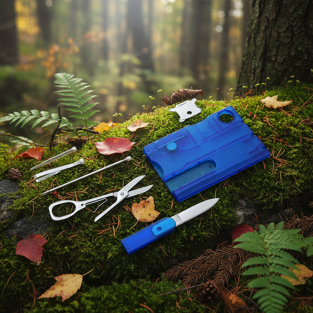 Blue multi-tool card on a forest background - offered by the best outdoor gear store in New York, the Adirondack Tool Company