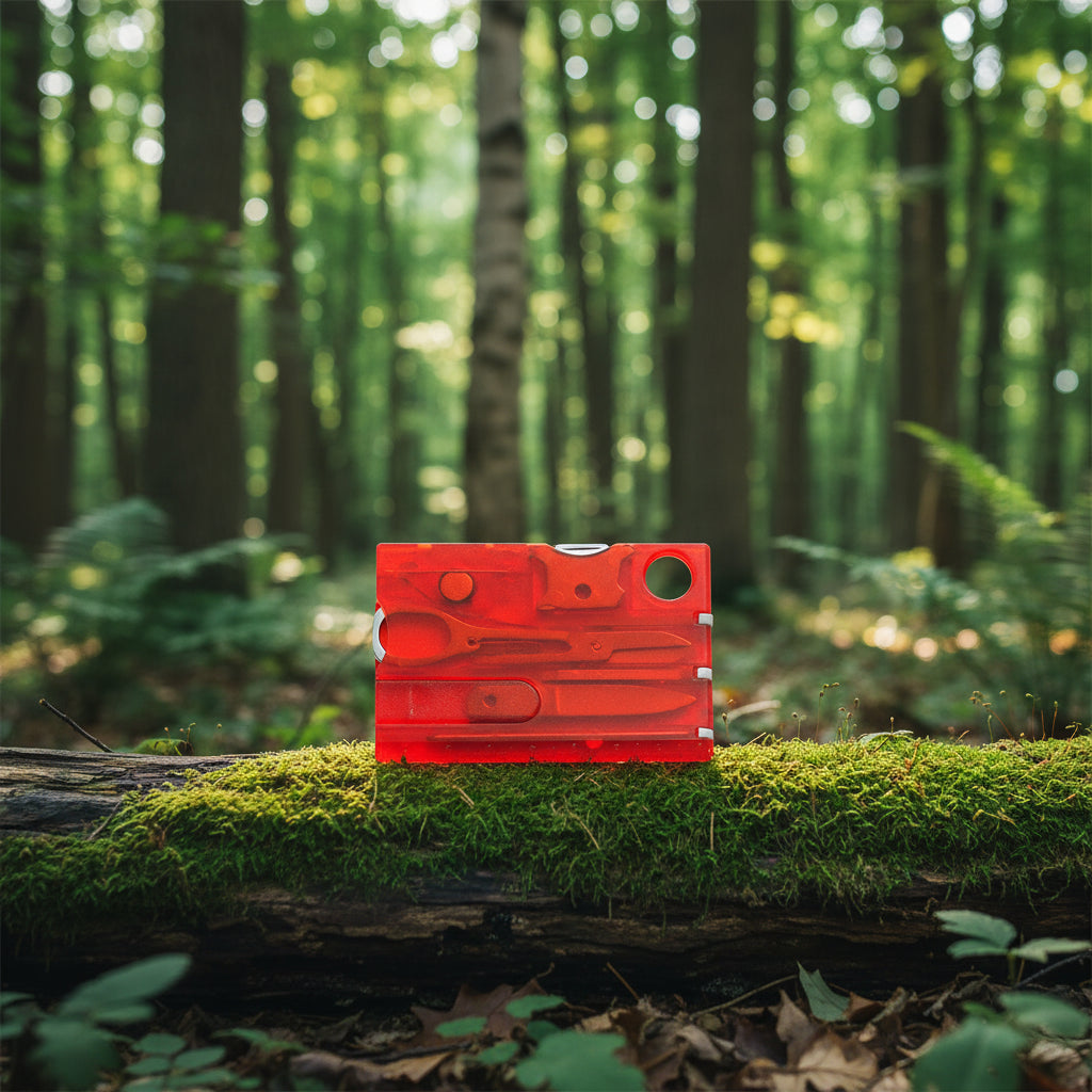 Red multi-tool card on a forest background - offered by the best outdoor gear store in New York, the Adirondack Tool Company