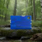 Blue multi-tool card on a forest background - offered by the best outdoor gear store in New York, the Adirondack Tool Company