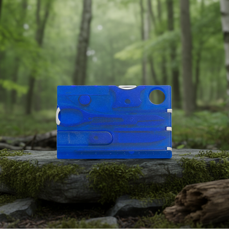 Blue multi-tool card on a forest background - offered by the best outdoor gear store in New York, the Adirondack Tool Company